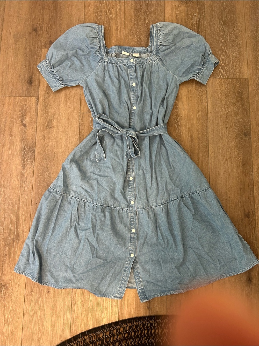 Levi's Light Blue Denim Midi Dress with Puff Sleeves & Tie Waist